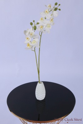 2 Dal Yapay Islak Dokuda 12 Kandilli Mini Orkide Çiçeği 55 cm Beyaz Sarı - 2