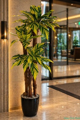 3 Gövdeli Siyah Saksıda Yapay Botanik Ağaç 130 cm Sarı-Yeşil - Yapay Çiçek Sitesi