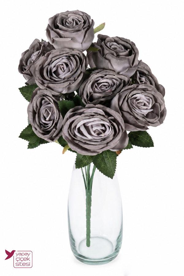 9 Kafalı Yapay Gül Demeti 43 cm Füme Gri - 1