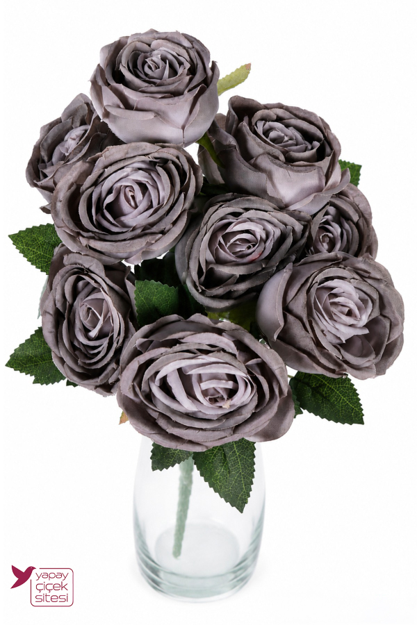 9 Kafalı Yapay Gül Demeti 43 cm Füme Gri - 2