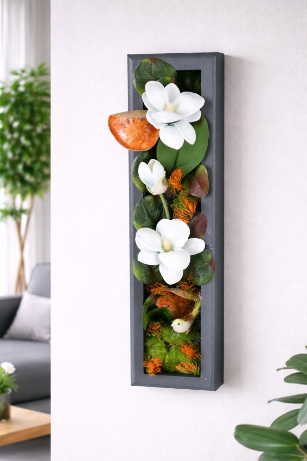 Ahşap Çerçeveli Yapay Çiçek Duvar Tablosu 44x11 cm Model 6 - 4