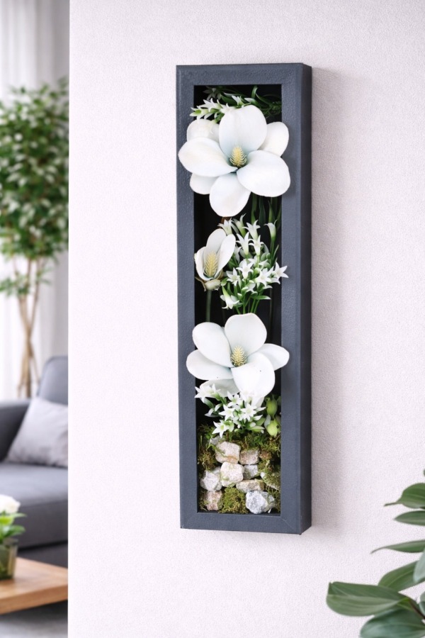 Ahşap Çerçeveli Yapay Çiçek Duvar Tablosu 44x11 cm Model 7 - 4