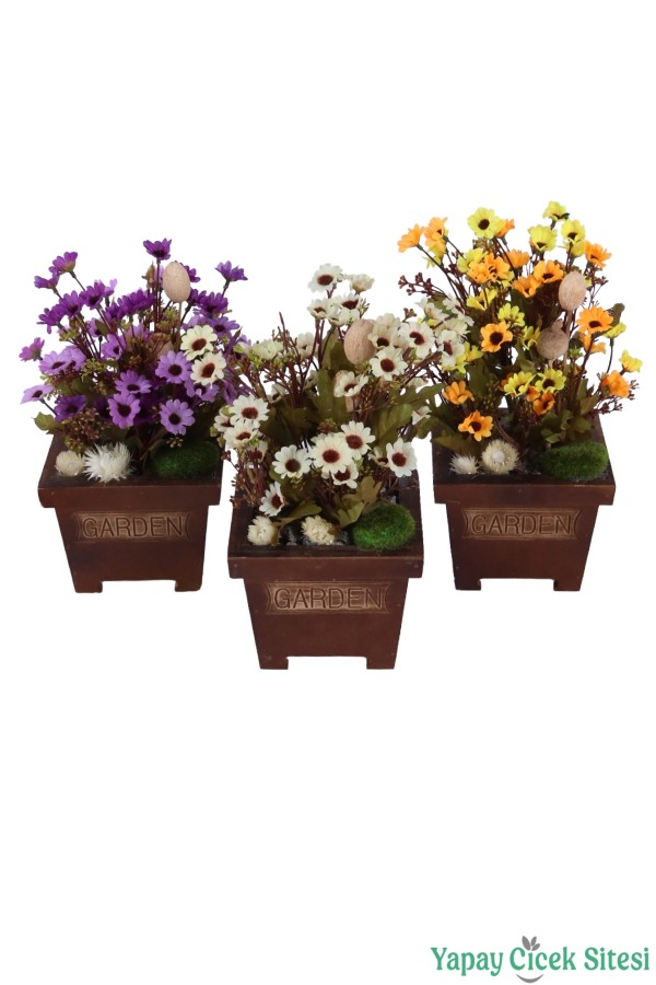 Ahşap Garden Saksıda 3'lü Set Gerçek Görünümlü Yapay Papatya Tanzimi 28 cm - 1