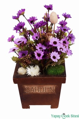 Ahşap Garden Saksıda 3'lü Set Gerçek Görünümlü Yapay Papatya Tanzimi 28 cm - 2