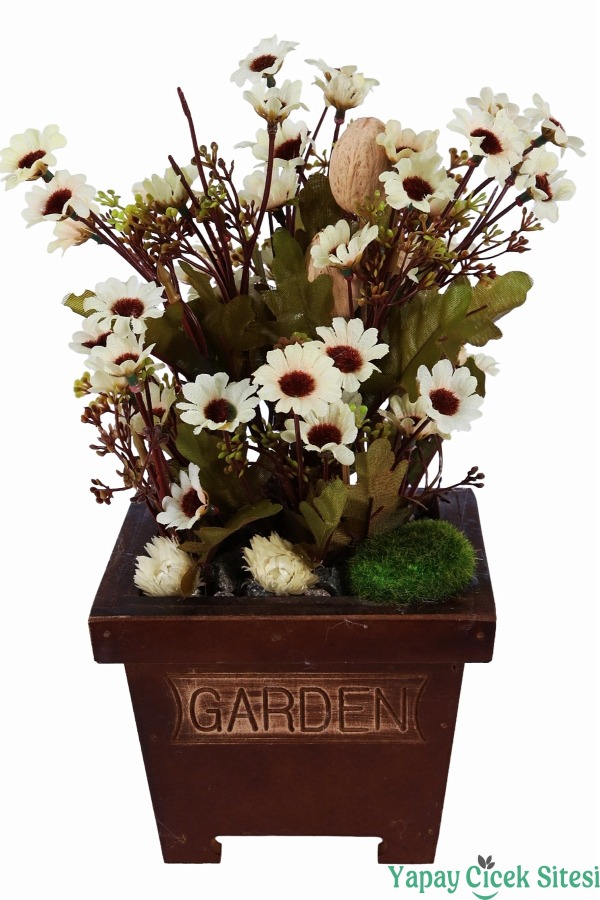 Ahşap Garden Saksıda 3'lü Set Gerçek Görünümlü Yapay Papatya Tanzimi 28 cm - 6