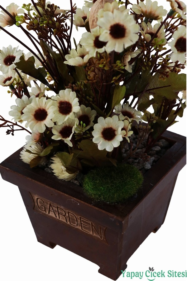 Ahşap Garden Saksıda 3'lü Set Gerçek Görünümlü Yapay Papatya Tanzimi 28 cm - 7