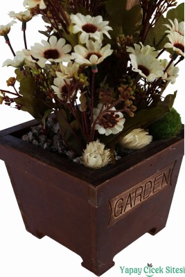 Ahşap Garden Saksıda 3'lü Set Gerçek Görünümlü Yapay Papatya Tanzimi 28 cm - 8