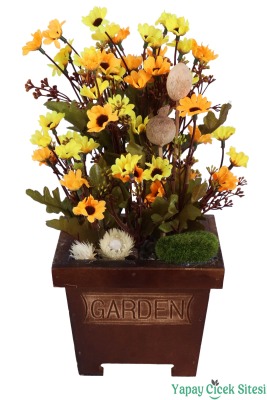 Ahşap Garden Saksıda 3'lü Set Gerçek Görünümlü Yapay Papatya Tanzimi 28 cm - 9