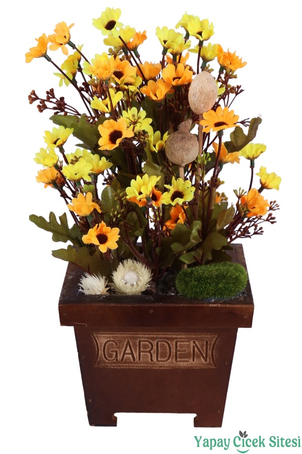 Ahşap Garden Saksıda 3'lü Set Gerçek Görünümlü Yapay Papatya Tanzimi 28 cm - 9