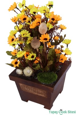 Ahşap Garden Saksıda 3'lü Set Gerçek Görünümlü Yapay Papatya Tanzimi 28 cm - 10