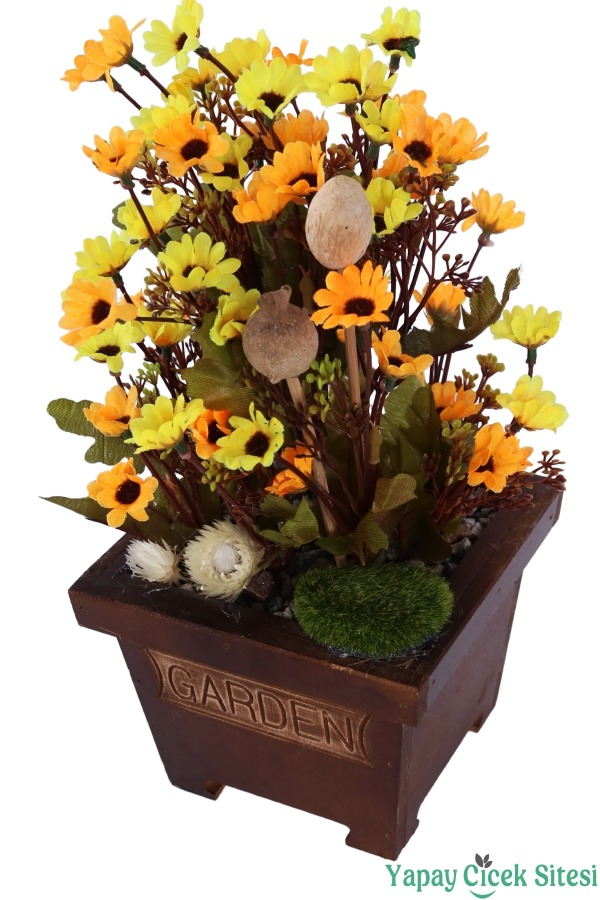Ahşap Garden Saksıda 3'lü Set Gerçek Görünümlü Yapay Papatya Tanzimi 28 cm - 10