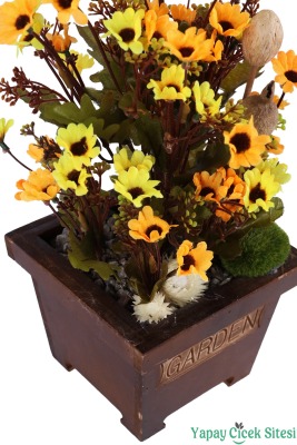 Ahşap Garden Saksıda 3'lü Set Gerçek Görünümlü Yapay Papatya Tanzimi 28 cm - 11