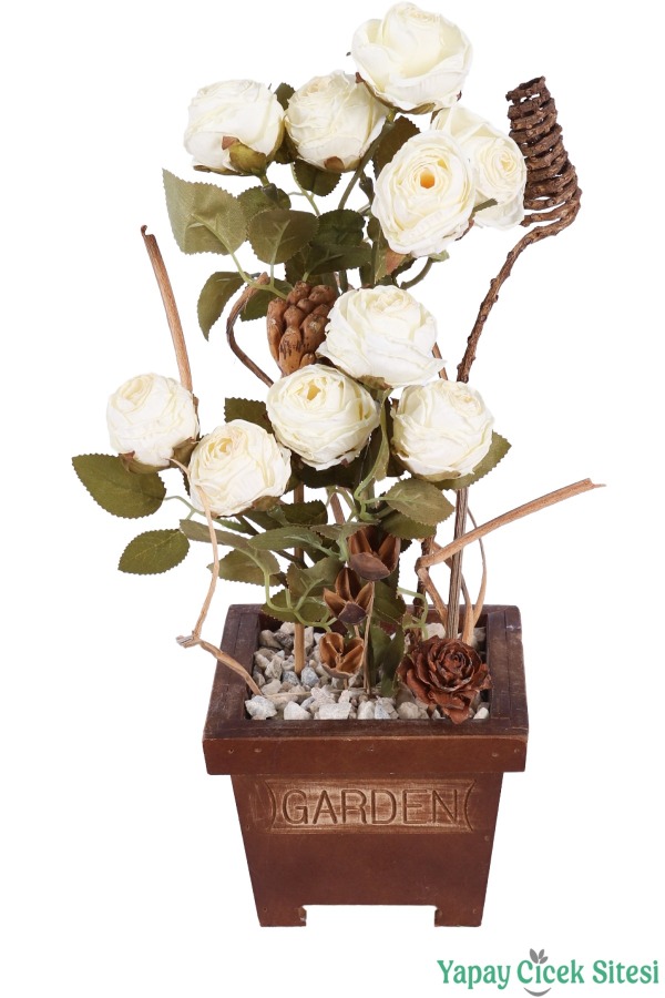 Ahşap Garden Saksıda Gerçek Görünümlü Yapay Gül Tanzimi 40 cm Kırık Beyaz - 1