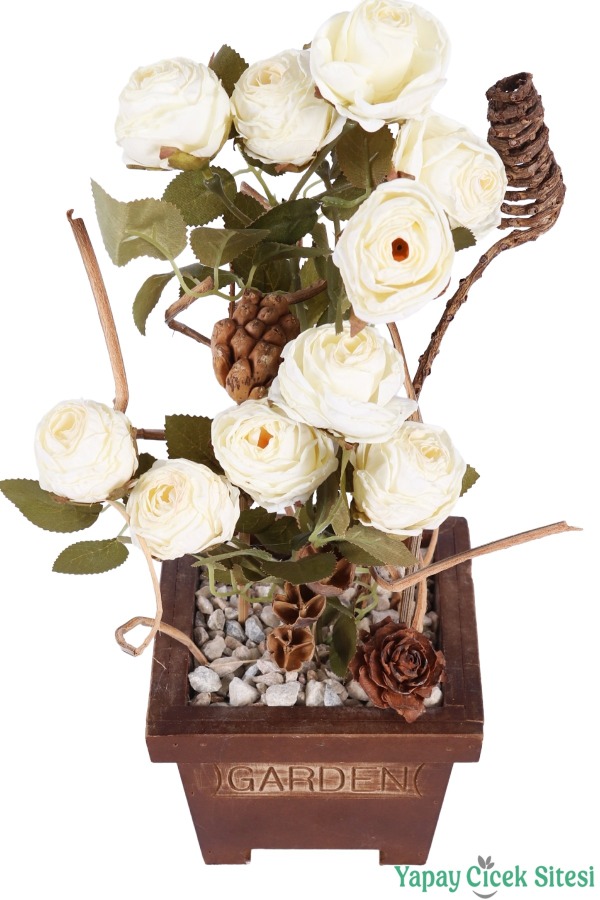 Ahşap Garden Saksıda Gerçek Görünümlü Yapay Gül Tanzimi 40 cm Kırık Beyaz - 2