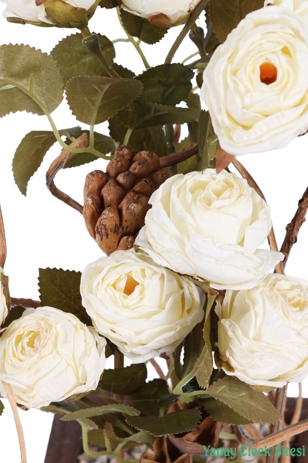 Ahşap Garden Saksıda Gerçek Görünümlü Yapay Gül Tanzimi 40 cm Kırık Beyaz - 3