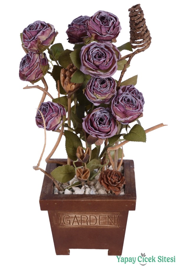 Ahşap Garden Saksıda Gerçek Görünümlü Yapay Gül Tanzimi 40 cm Mürdüm - 1