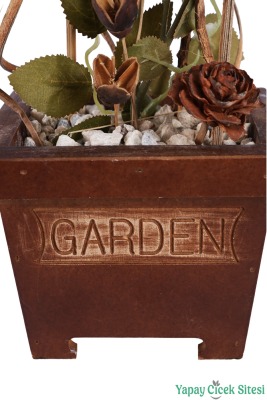 Ahşap Garden Saksıda Gerçek Görünümlü Yapay Gül Tanzimi 40 cm Mürdüm - 5