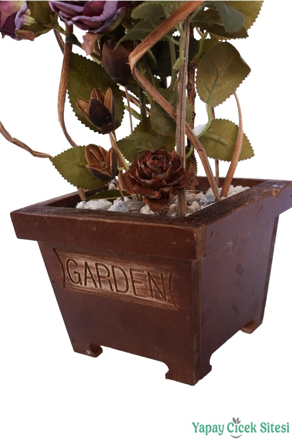 Ahşap Garden Saksıda Gerçek Görünümlü Yapay Gül Tanzimi 40 cm Mürdüm - 6