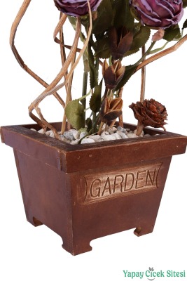 Ahşap Garden Saksıda Gerçek Görünümlü Yapay Gül Tanzimi 40 cm Mürdüm - 7