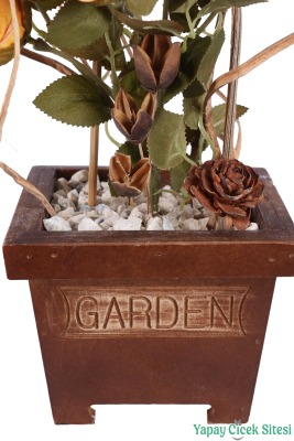 Ahşap Garden Saksıda Gerçek Görünümlü Yapay Gül Tanzimi 40 cm Turuncu - 3