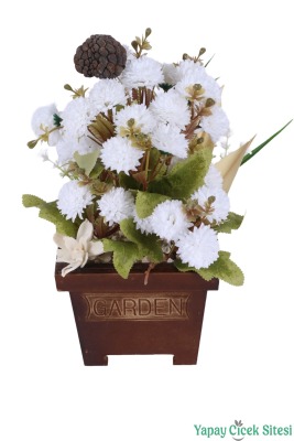 Yapay Çiçek Sitesi Ahşap Garden Saksıda Yapay Top Krizantem Tanzimi 32 cm - 2