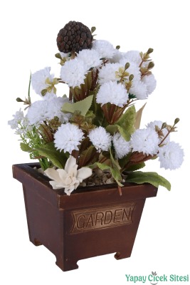 Yapay Çiçek Sitesi Ahşap Garden Saksıda Yapay Top Krizantem Tanzimi 32 cm - 4