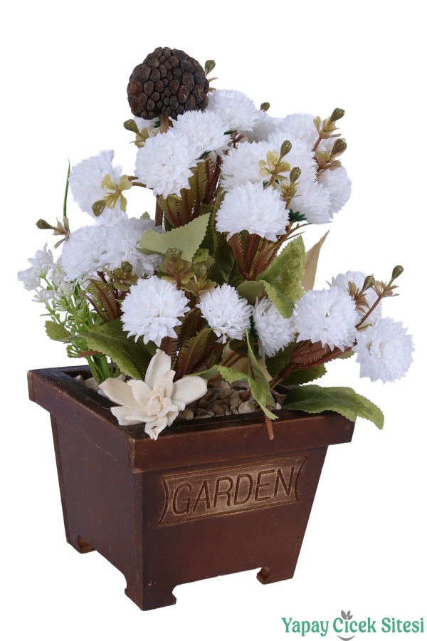 Yapay Çiçek Sitesi Ahşap Garden Saksıda Yapay Top Krizantem Tanzimi 32 cm - 4