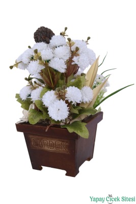 Yapay Çiçek Sitesi Ahşap Garden Saksıda Yapay Top Krizantem Tanzimi 32 cm - 5