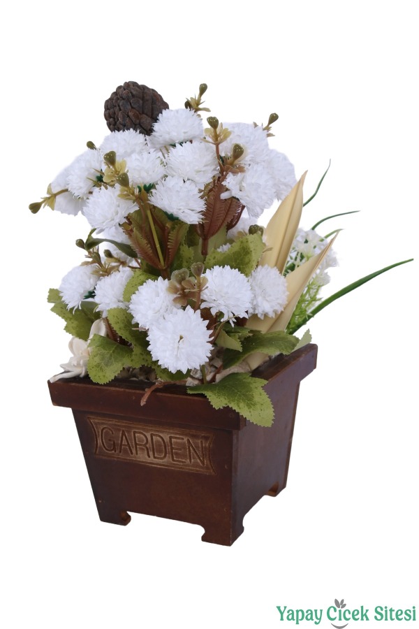 Yapay Çiçek Sitesi Ahşap Garden Saksıda Yapay Top Krizantem Tanzimi 32 cm - 5