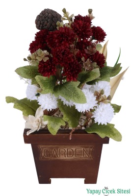 Yapay Çiçek Sitesi Ahşap Garden Saksıda Yapay Top Krizantem Tanzimi 32 cm - 6