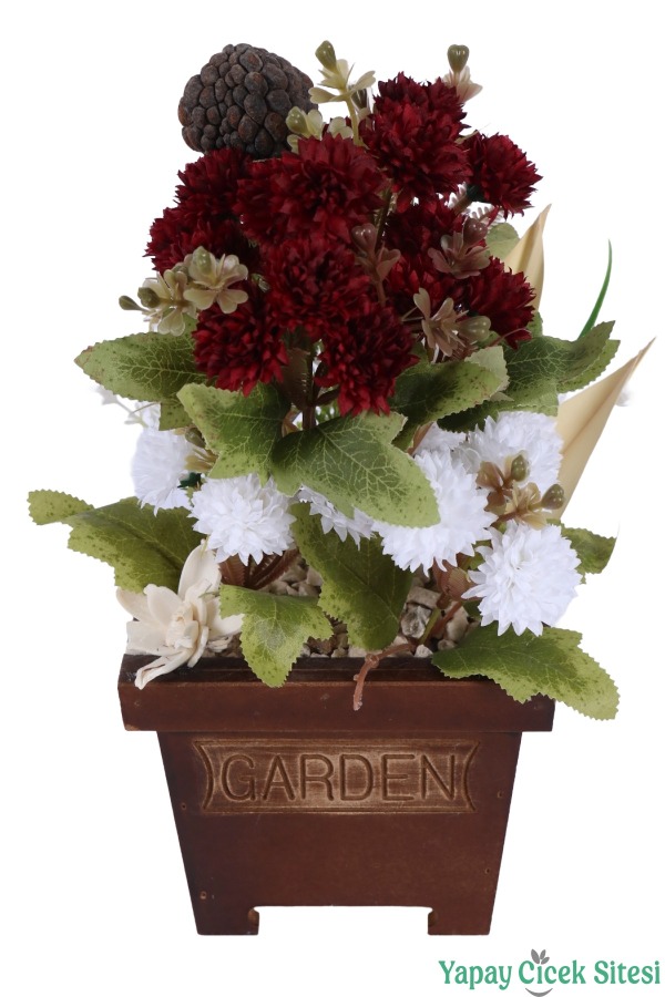 Yapay Çiçek Sitesi Ahşap Garden Saksıda Yapay Top Krizantem Tanzimi 32 cm - 6