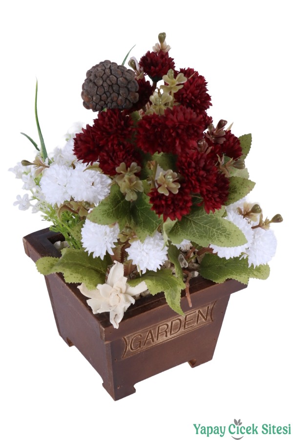 Yapay Çiçek Sitesi Ahşap Garden Saksıda Yapay Top Krizantem Tanzimi 32 cm - 8