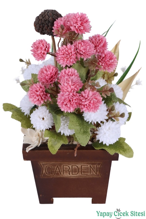 Yapay Çiçek Sitesi Ahşap Garden Saksıda Yapay Top Krizantem Tanzimi 32 cm - 9
