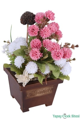 Yapay Çiçek Sitesi Ahşap Garden Saksıda Yapay Top Krizantem Tanzimi 32 cm - 11