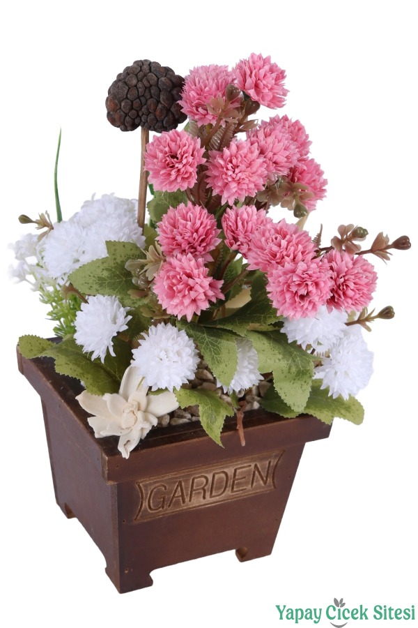 Yapay Çiçek Sitesi Ahşap Garden Saksıda Yapay Top Krizantem Tanzimi 32 cm - 11