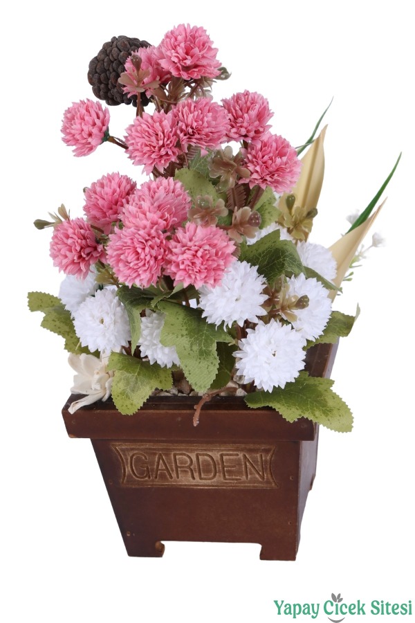Yapay Çiçek Sitesi Ahşap Garden Saksıda Yapay Top Krizantem Tanzimi 32 cm - 12