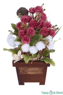 Yapay Çiçek Sitesi Ahşap Garden Saksıda Yapay Top Krizantem Tanzimi 32 cm - 13
