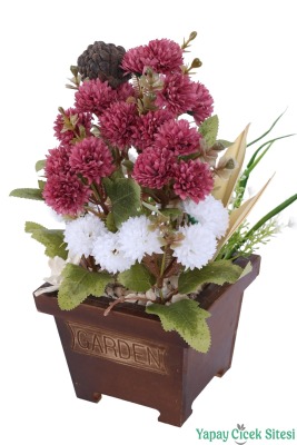 Yapay Çiçek Sitesi Ahşap Garden Saksıda Yapay Top Krizantem Tanzimi 32 cm - 14