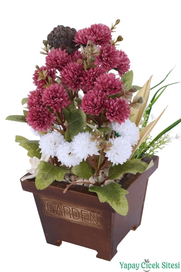 Yapay Çiçek Sitesi Ahşap Garden Saksıda Yapay Top Krizantem Tanzimi 32 cm - 14