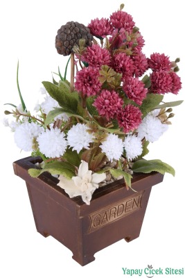 Yapay Çiçek Sitesi Ahşap Garden Saksıda Yapay Top Krizantem Tanzimi 32 cm - 15