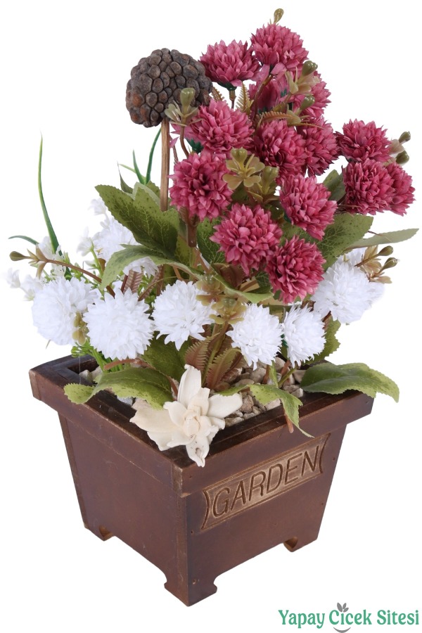 Yapay Çiçek Sitesi Ahşap Garden Saksıda Yapay Top Krizantem Tanzimi 32 cm - 15