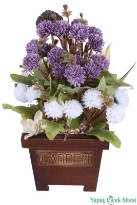 Yapay Çiçek Sitesi Ahşap Garden Saksıda Yapay Top Krizantem Tanzimi 32 cm - 16