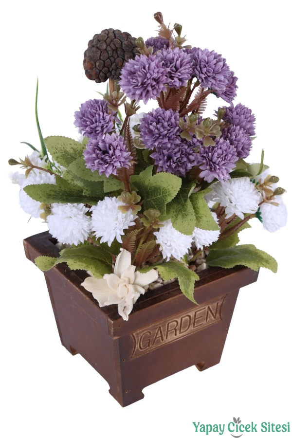 Yapay Çiçek Sitesi Ahşap Garden Saksıda Yapay Top Krizantem Tanzimi 32 cm - 17