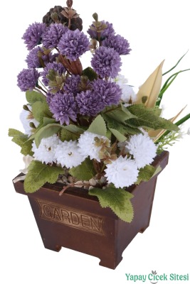 Yapay Çiçek Sitesi Ahşap Garden Saksıda Yapay Top Krizantem Tanzimi 32 cm - 18