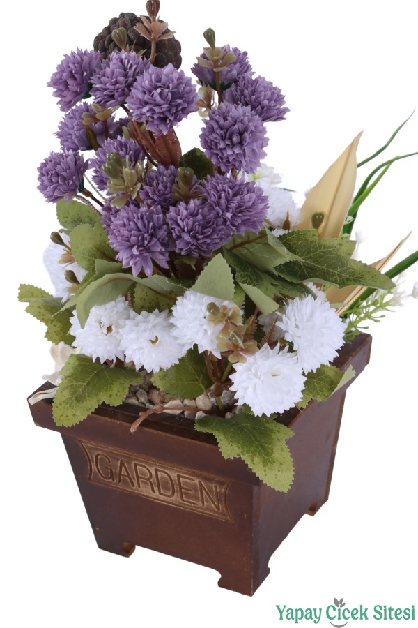 Yapay Çiçek Sitesi Ahşap Garden Saksıda Yapay Top Krizantem Tanzimi 32 cm - 18