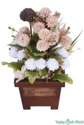Yapay Çiçek Sitesi Ahşap Garden Saksıda Yapay Top Krizantem Tanzimi 32 cm - 19