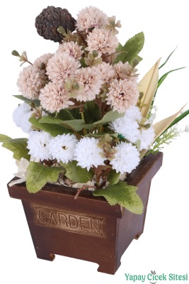 Yapay Çiçek Sitesi Ahşap Garden Saksıda Yapay Top Krizantem Tanzimi 32 cm - 20