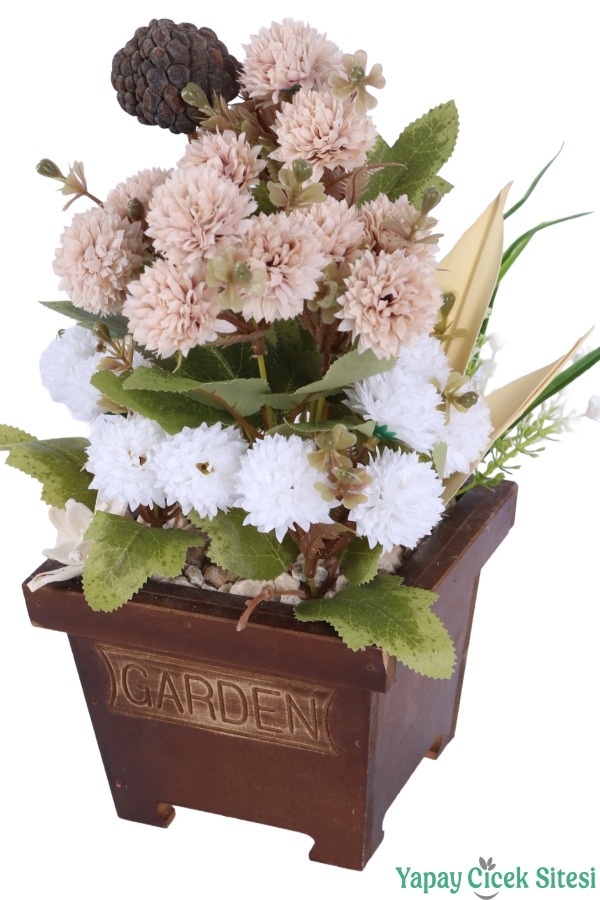 Yapay Çiçek Sitesi Ahşap Garden Saksıda Yapay Top Krizantem Tanzimi 32 cm - 20