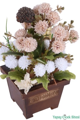 Yapay Çiçek Sitesi Ahşap Garden Saksıda Yapay Top Krizantem Tanzimi 32 cm - 21