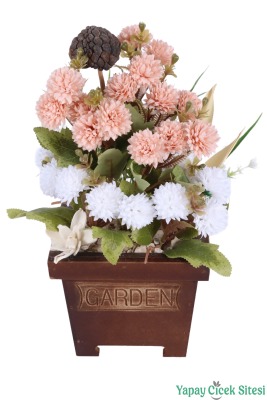 Yapay Çiçek Sitesi Ahşap Garden Saksıda Yapay Top Krizantem Tanzimi 32 cm - 22